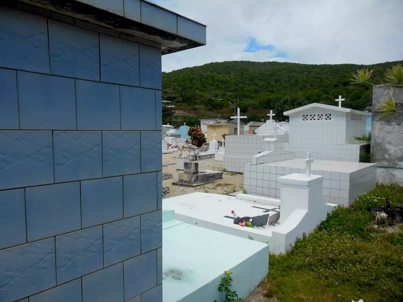 Cimetière de Beauséjour à La Désirade, tombes blanches alignées face à l'océan