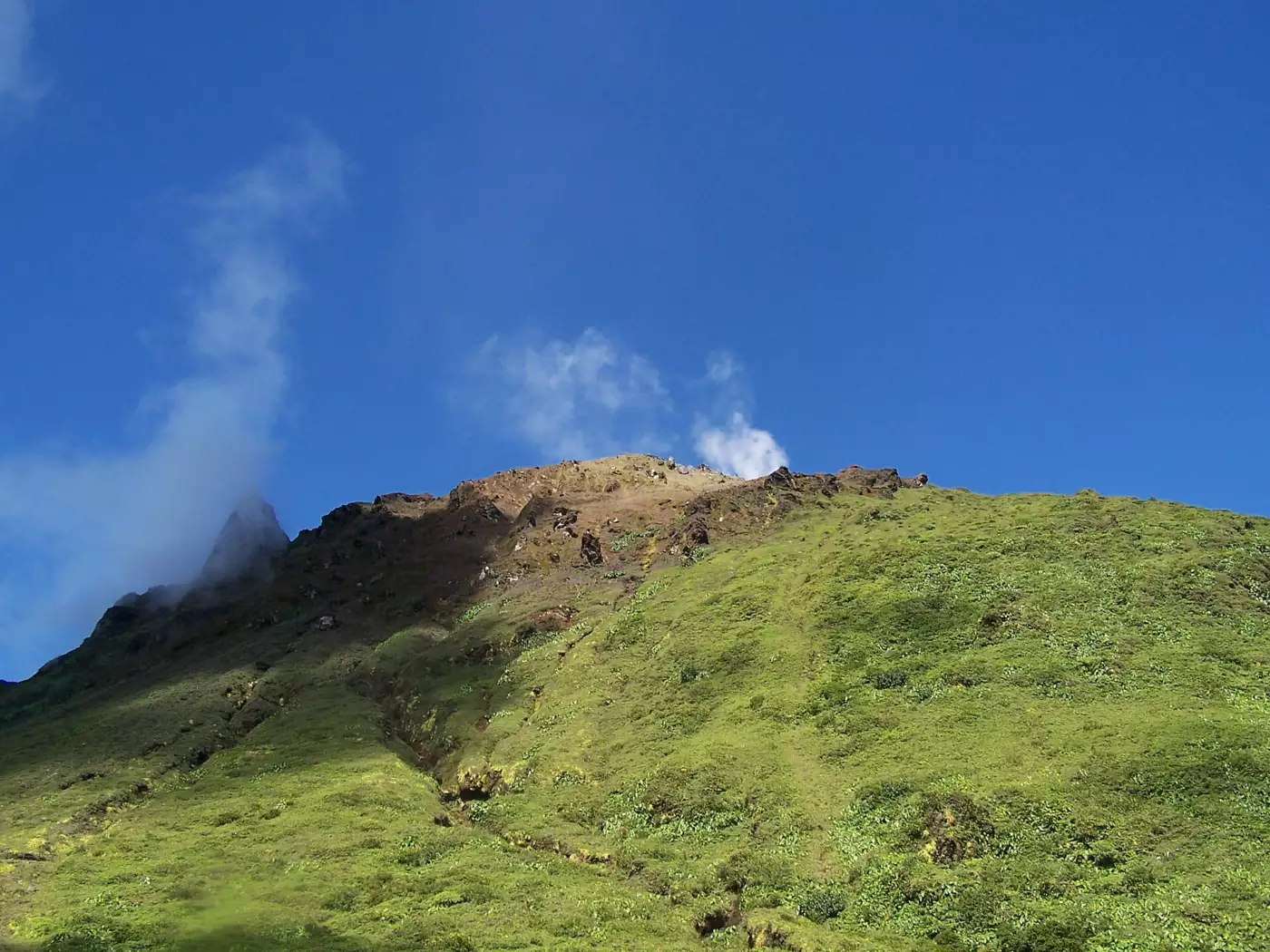 Le dôme de la Soufrière vu depuis le bas du sentier, au-dessus de la végétation de Basse-Terre