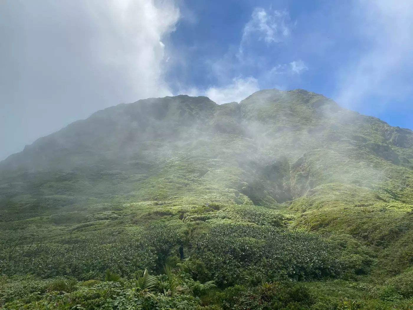 Le sommet de la Soufrière pris dans les nuages, au-dessus des pentes végétalisées de Basse-Terre