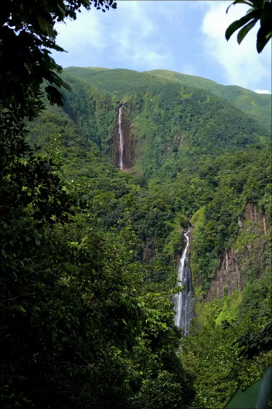 La première et la deuxième chute du Carbet superposées sur le flanc boisé de la Soufrière