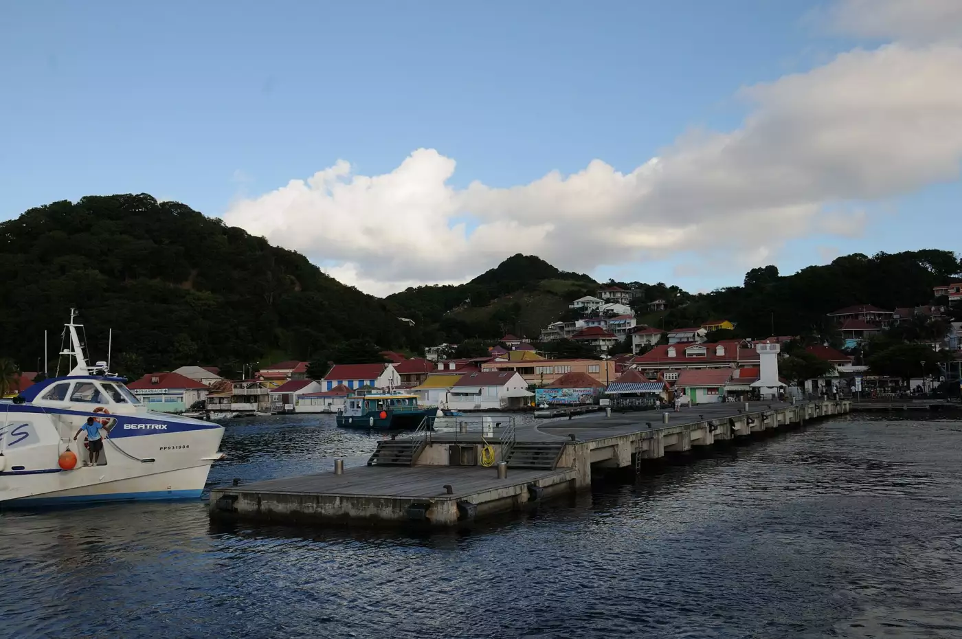 Ferry à quai le long du débarcadère de Terre-de-Haut, avec le front de mer du bourg en arrière-plan