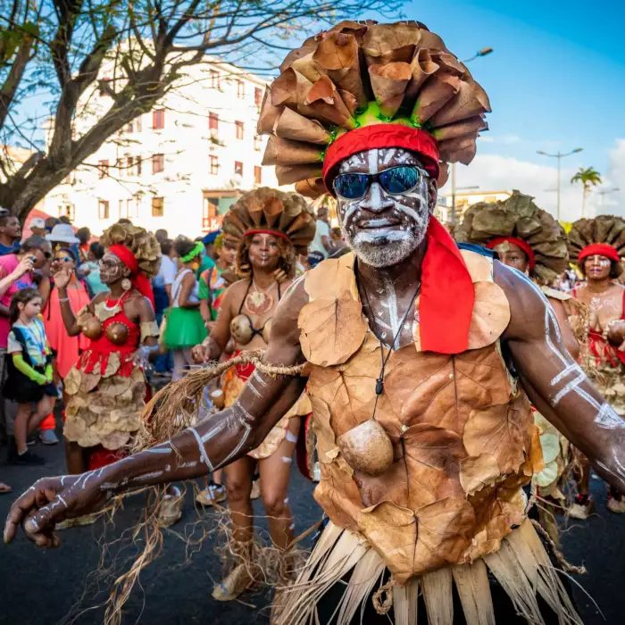 Parade de carnaval animée avec des participants en costumes traditionnels colorés